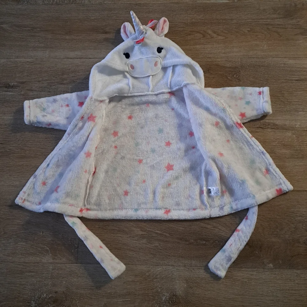 HB White Unicorn Hooded Plush Robe Multicolor Stars Belt Baby's Size 0-9 Months